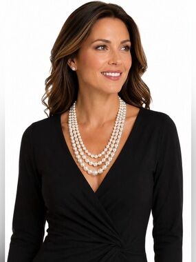 Elegant 3-Strand Graduated Faux Pearl Necklace Gold Clasp Audrey Style